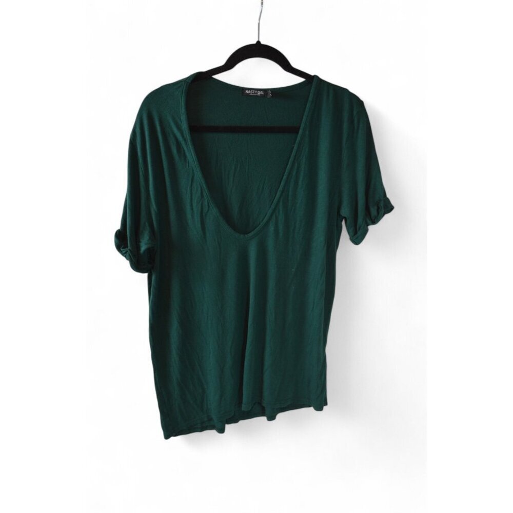 Nasty Gal Collection Women’s Deep V-Neck T-Shirt Green Short Sleeve M/L